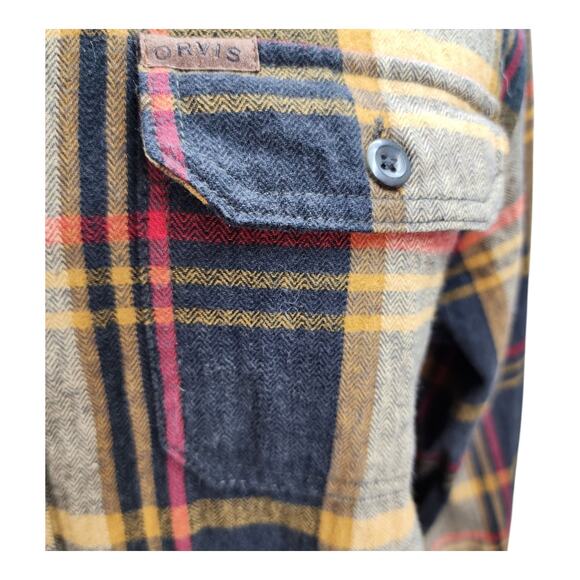 Orvis Shacket XL Men Brown Plaid Flannel Cotton Button Front Outdoor Camp Cabin - Picture 10 of 16